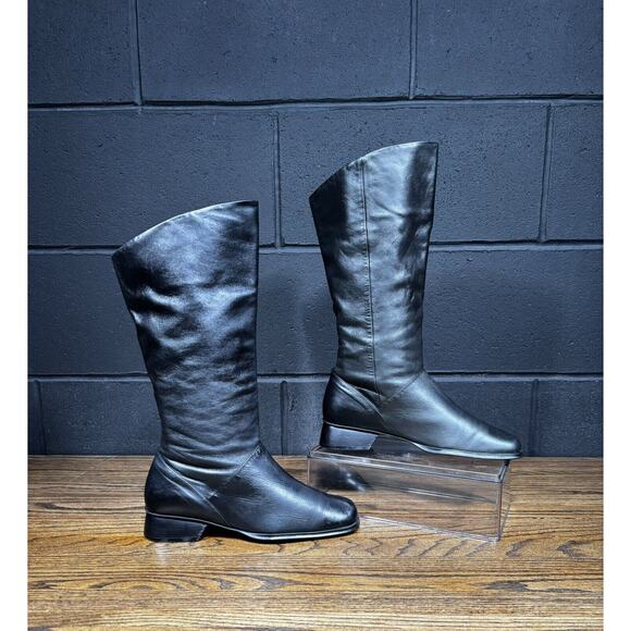 Vintage 90s Y2K STUDIO WORKS Tall Black Leather Square Toe Boots Women’s 6.5 M - Picture 2 of 8